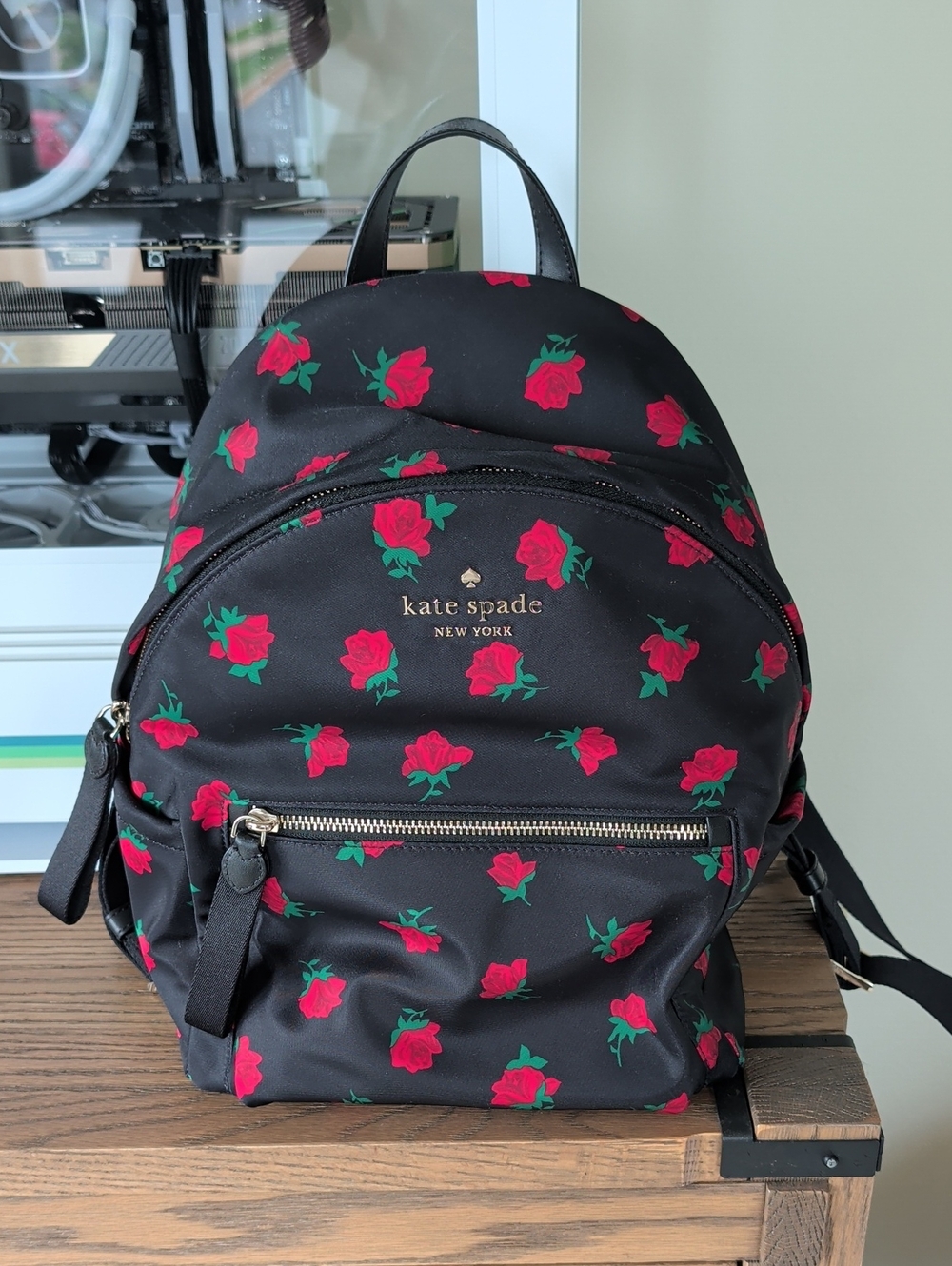 kate spade Black Rose-Print Mini Backpack with Gold Logo